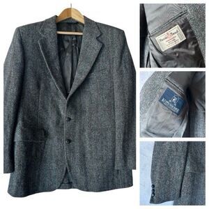 VTG Harris Tweed Handwoven Scottish Wool Herringbone Blazer Sport Coat Gray 44